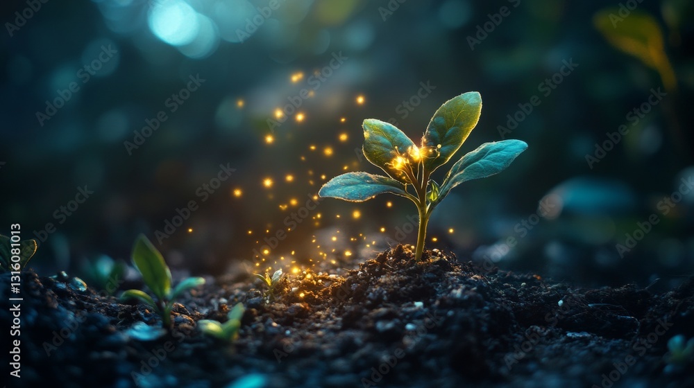 Poster illuminated seedling sprouting in a dark forest with sparkling lights and a dreamy atmosphere