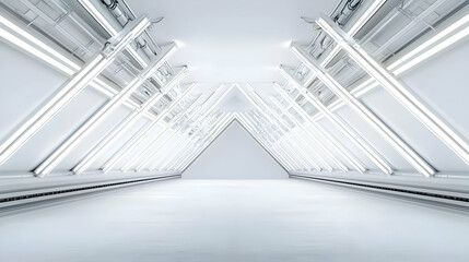 Obraz premium Bright White Futuristic Triangular Tunnel Interior With Illuminated Lines And Empty Hallway In A Modern Architectural Design Rendering With A 3D Perspective