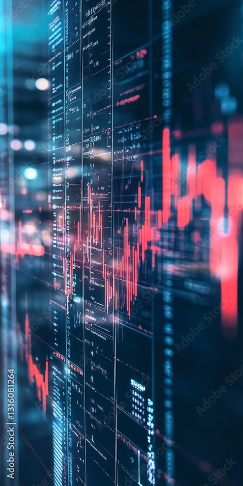 Poster abstract view of financial data analysis with colorful graphs and charts in a high-tech environment