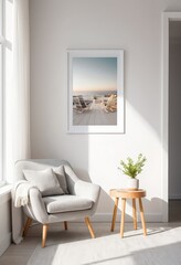 Cozy Minimalist Living Room with Ocean View Artwork