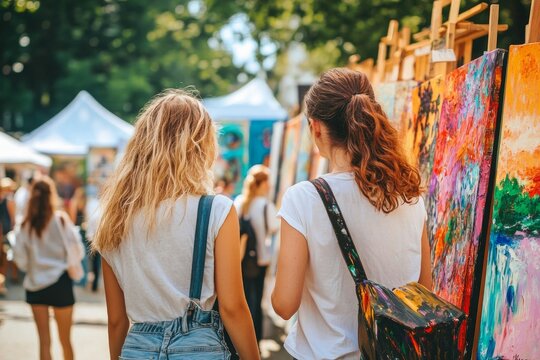 Two friends walking through an outdoor art festival, vibrant stalls and paintings, dynamic movement, joyful expressions, bright sunny day, lively and creative atmosphere - Powered by Adobe