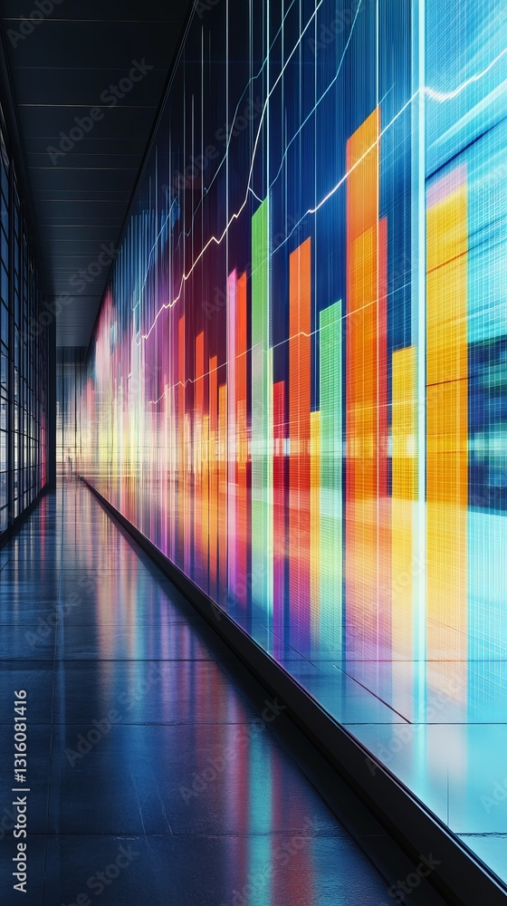 Poster a stunning view of a modern office showcasing vibrant data visualization on glass, illustrating grow