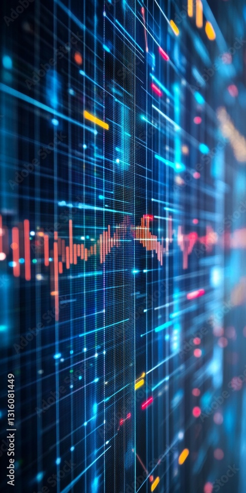 Poster futuristic digital data visualization with colorful lines and patterns representing information flow