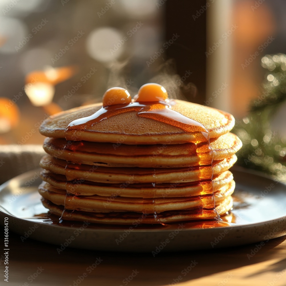 Poster delicious pancake stack with golden syrup and fruit topping against a warm bokeh background in soft 