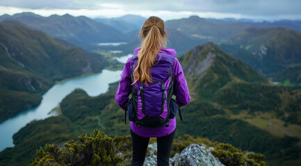A woman hiking in New Zealand, viewed from behind, looking over the edge of a mountain with beautiful scenery in the background. She is wearing a purple jacket and black pants, wit