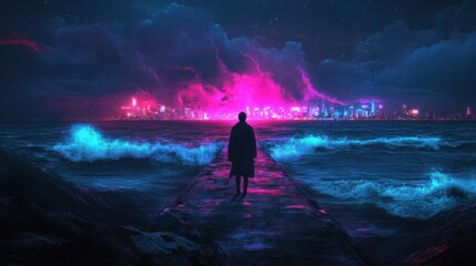 Fototapeta premium Silhouette figure, neon city, stormy sea