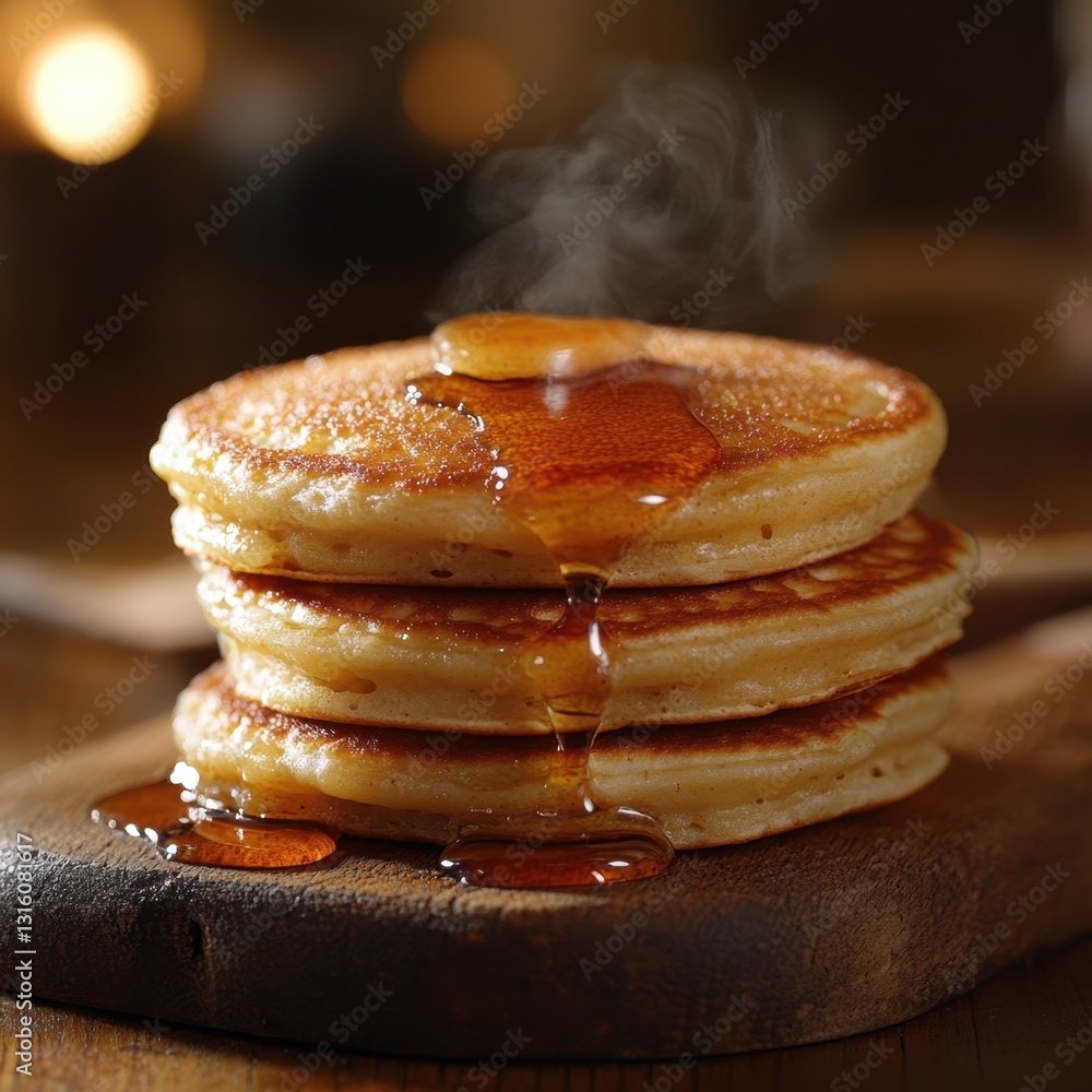 Poster stack of golden pancakes with dripping maple syrup on wooden board captures breakfast delight and wa