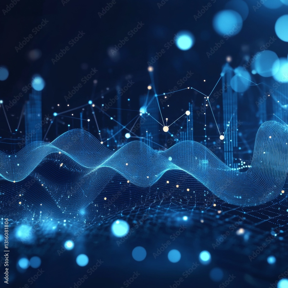 Poster abstract digital data visualization with waves and blue lights representing technology and innovatio