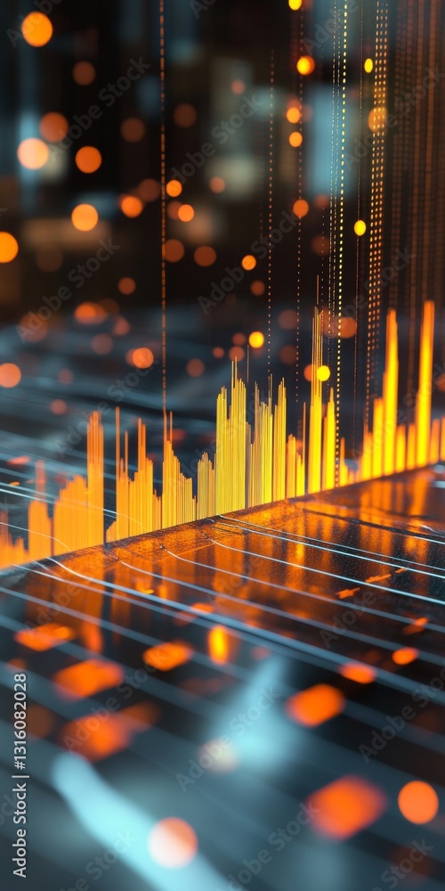 Poster dynamic data visualization with orange and yellow graphs representing financial trends and metrics