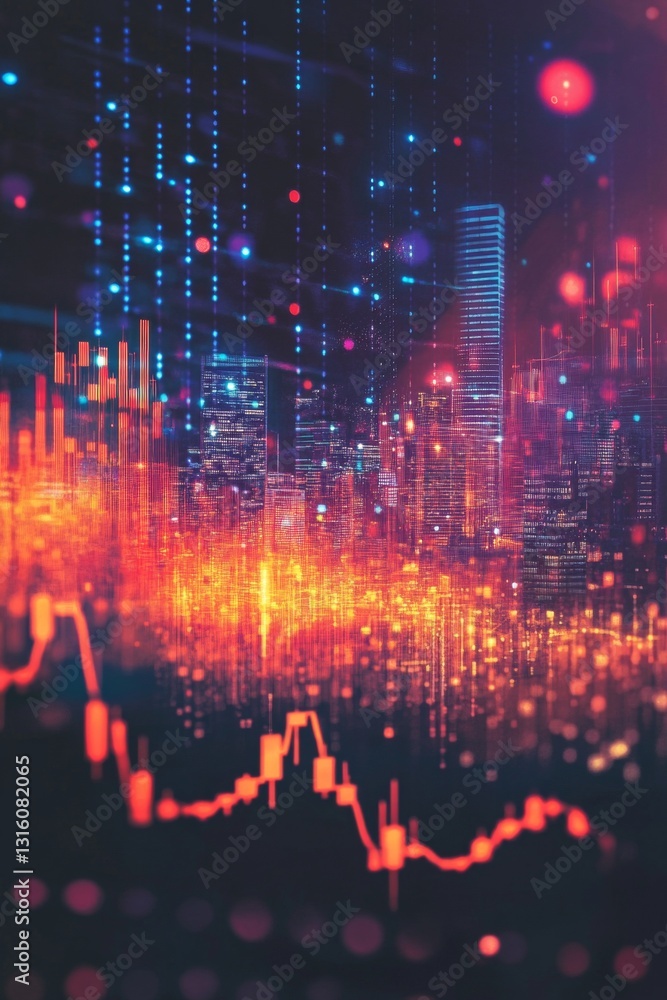 Poster abstract data visualization representing financial markets with vibrant colors and digital patterns