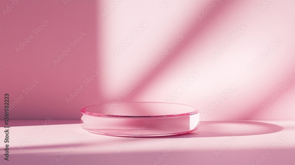 Poster soft pink hues envelop a delicate glass dish, elegantly reflecting light and creating playful shadow