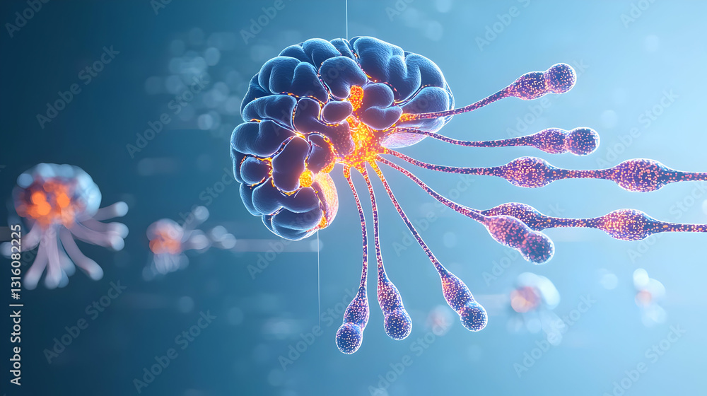 Poster 3d render of microscopic view of cells with orange and purple filaments in a scientific visualizatio