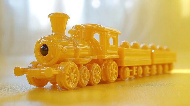 A bright yellow toy train with detailed textures, sitting on a matching surface, bathed in soft light