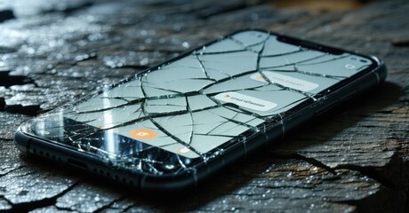 Smartphone with cracked screen displaying unread message notification glowing screen casting soft light symbolizing digital dependency