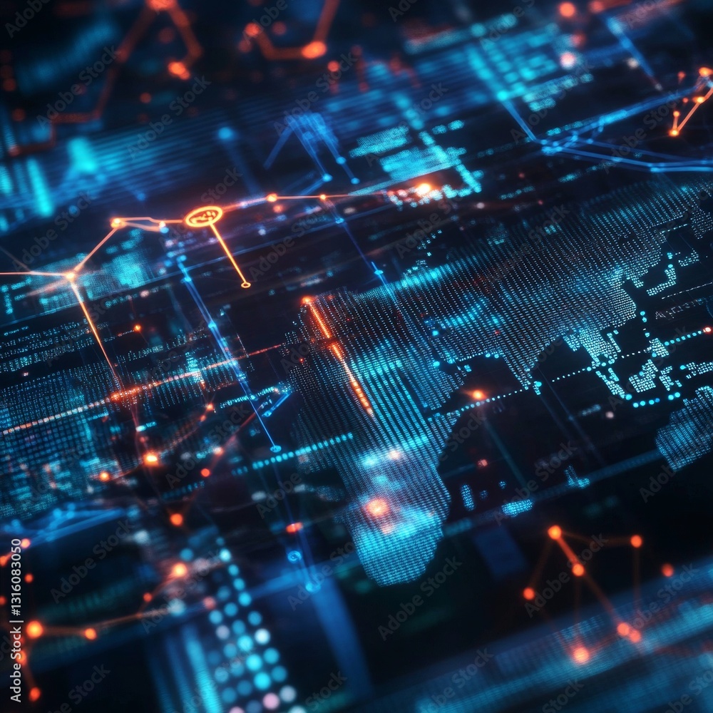 Poster abstract digital global network visualization with blue and orange nodes connecting data points