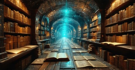 Society where books are illegal underground libraries glowing in secret tunnels rebels passing knowledge through hidden augmented reality scripts