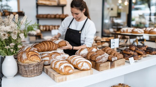 A baker arranges a variety of freshly baked bread loaves on a display counter, showcasing craftsmanship and a delightful assortment. - Powered by Adobe