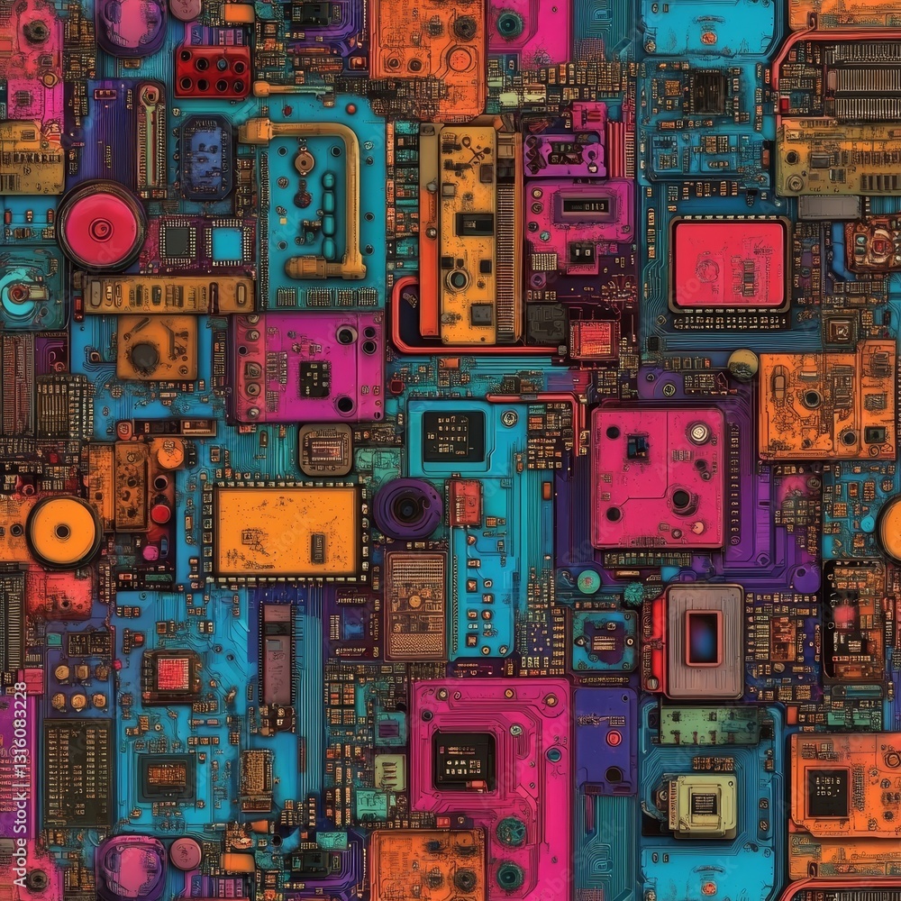 Poster a panel featuring a seamless pattern of computer motherboards represents futuristic technology of st