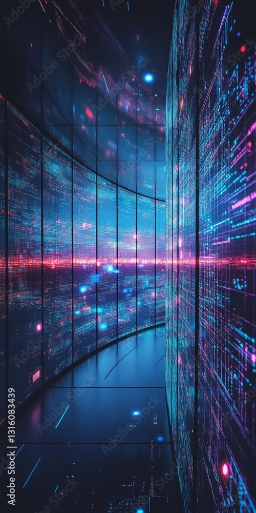 Poster futuristic digital environment with colorful light reflections and dynamic patterns