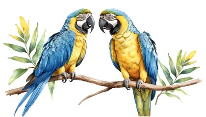 Obraz premium Two Blue-and-gold Macaws on Branch with Tropical Leaves
