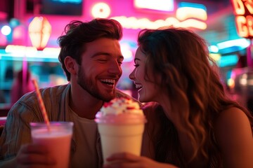 Couple laughing while sharing a milkshake at a retro diner, bright neon lights in the background, candid smiles, joyful expressions, vintage atmosphere, relaxed and fun vibe
