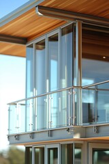Naklejka premium Modern architecture showcasing a glass balcony with stainless steel railings and a wooden ceiling under a clear blue sky