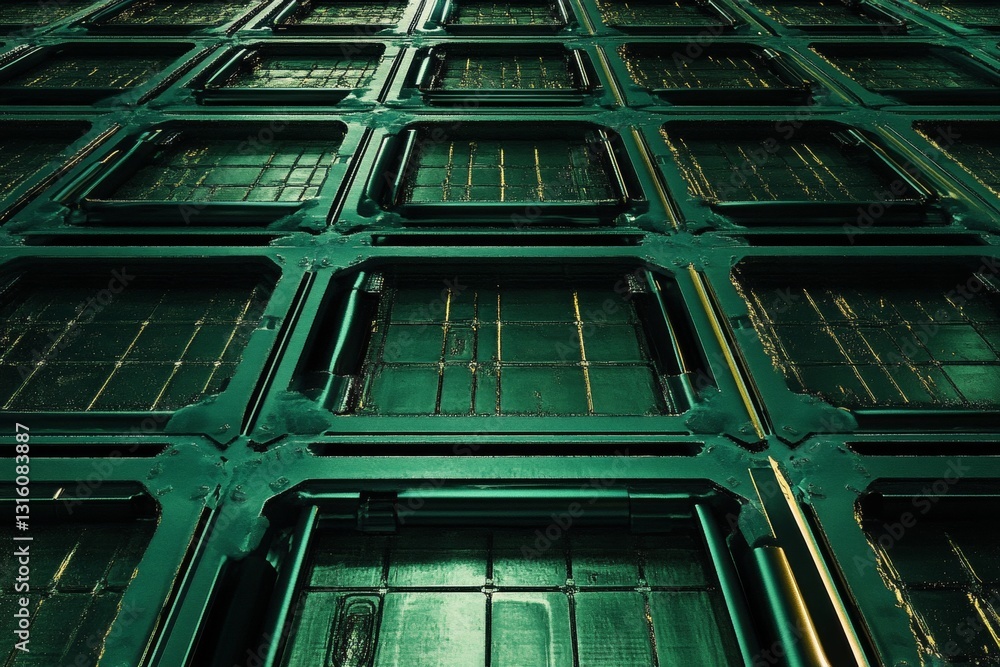 Poster intricate green cybernetic grid pattern with textured blocks and futuristic digital design