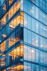 Obraz premium Modern architectural facade with glass windows reflecting warm interior light in a geometric pattern against blue sky