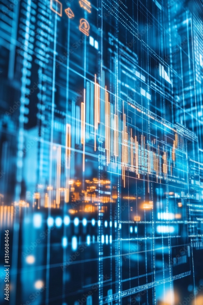Poster digital data visualization with dynamic graphs and glowing lines in blue tones