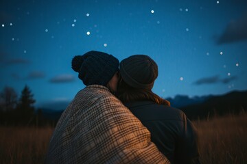 Couple sharing a cozy blanket while stargazing in a meadow, soft night sky with twinkling stars, relaxed and joyful expressions, peaceful and intimate outdoor
