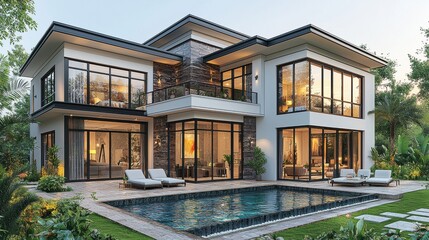 Fototapeta premium Aerial view of a contemporary house featuring a sleek design, surrounded by lush greenery. The inviting pool sparkles under the sun, complemented by a stylish patio with outdoor furniture.