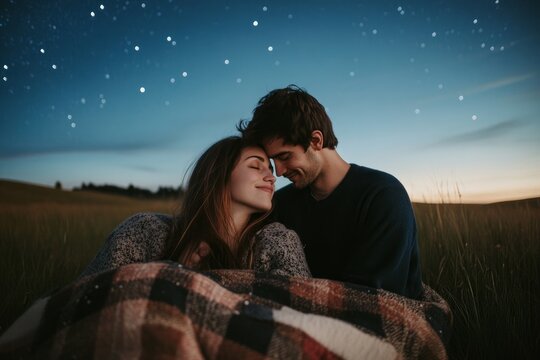 Couple sharing a cozy blanket while stargazing in a meadow, soft night sky with twinkling stars, relaxed and joyful expressions, peaceful and intimate outdoor setting - Powered by Adobe