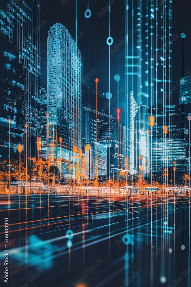 Poster futuristic cityscape at night with neon lights and abstract data flow visual elements