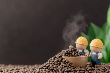 Miniature farmers in hard hats harvesting coffee beans from steaming cup, surrounded by beans