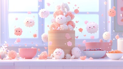 Cute Dumpling Illustration   High Angle   Pink   Whimsical   Food Photography   8K   Bambo