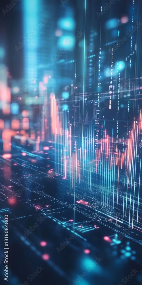 Poster dynamic abstract data visualization with colorful graphs and light effects on a dark background