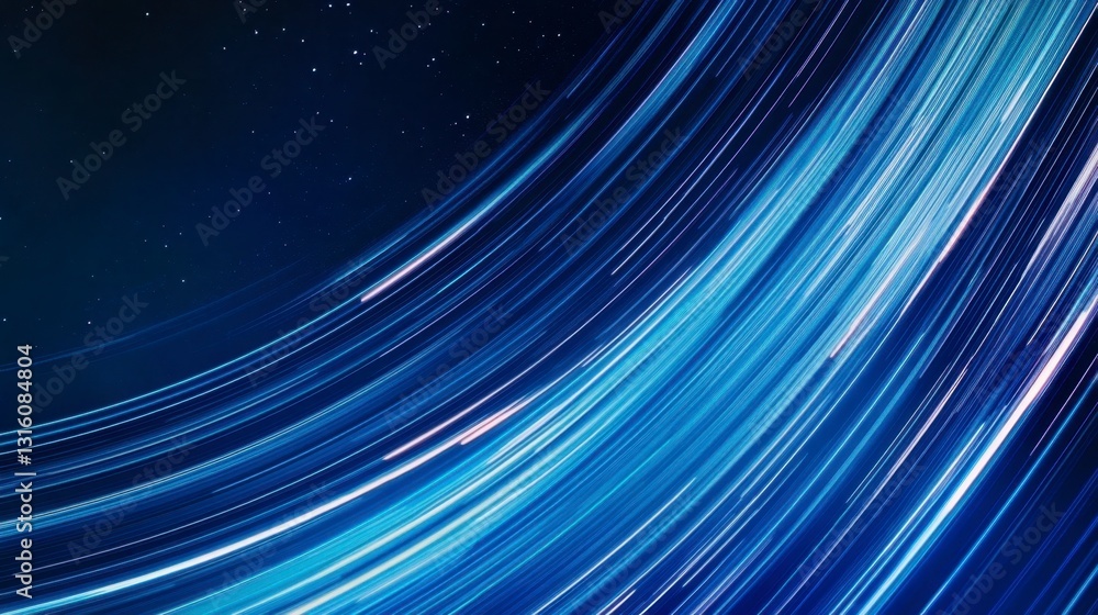 Poster abstract image featuring dynamic blue and white light trails curving across a dark background, creat