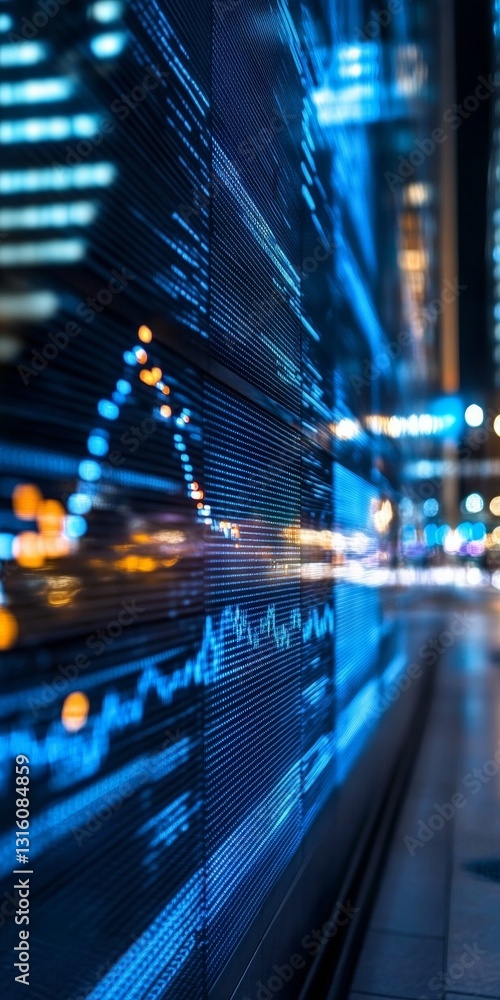 Poster dynamic financial data visualization at night with blue graphs and illuminated cityscape