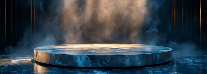 A glossy marble podium surrounded by misted water and illuminated with soft blue and gold lighting
