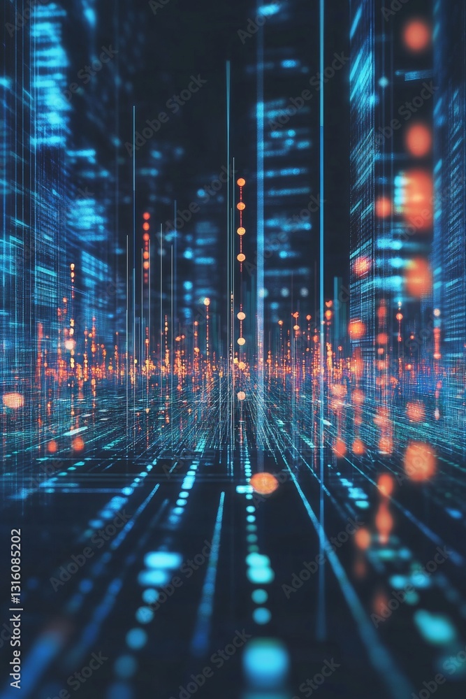 Poster futuristic digital cityscape with glowing lights and abstract data flow in deep perspective