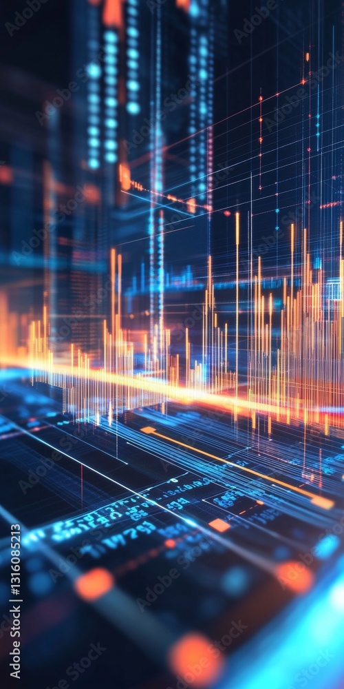 Poster dynamic financial data visualization with colorful graphs and digital elements in abstract style