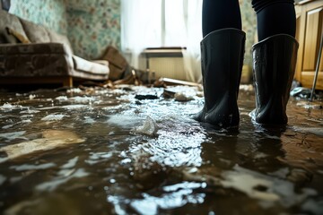 Person in rubber boots standing in a flooded room with debris and waterlogged furniture