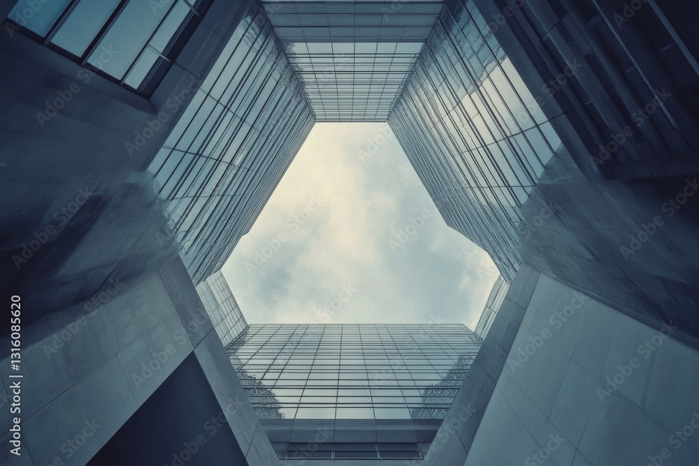 Poster abstract view of geometric architectural design with glass and concrete structures against the sky