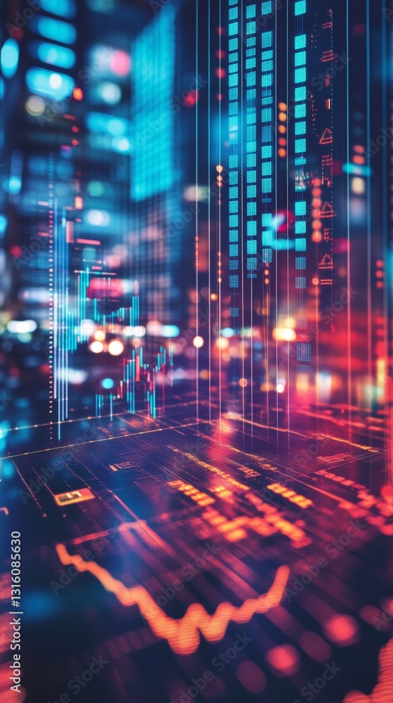 Poster futuristic abstract data visualization with colorful neon elements and graphical patterns