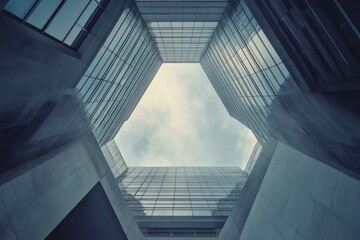 Abstract View of Geometric Architectural Design with Glass and Concrete Structures Against the Sky