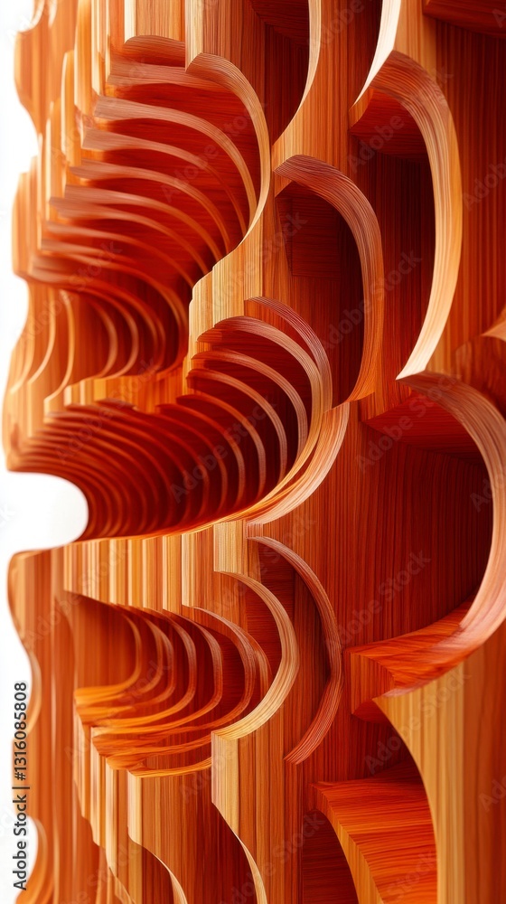 Poster abstract wood sculpture with layered, curved shapes creating a three dimensional, textured pattern. 