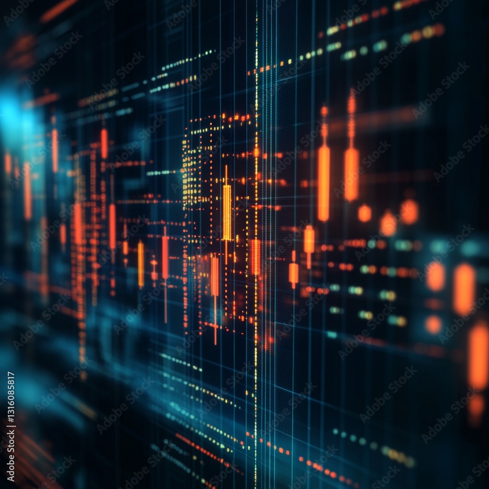 Poster abstract digital data visualization with colorful bars and geometric patterns in a futuristic space