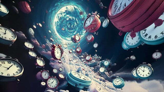 Pushing through brightly colored clocks float through a cloudy spiral tunnel, warping perspective in a time-warp surreal journey.