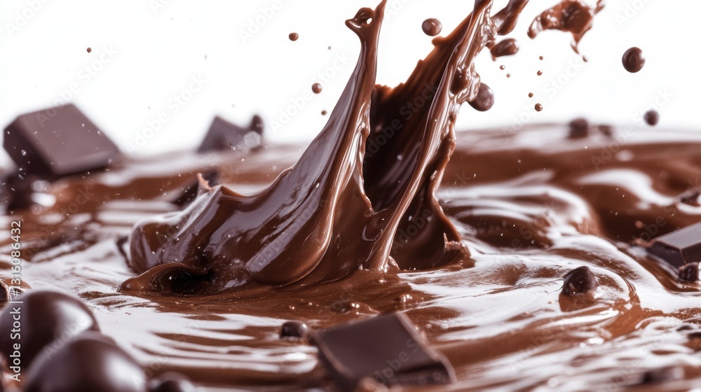 Poster dynamic chocolate splash with melting pieces against a bright white background creating a rich and t