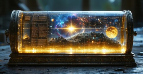 Obraz premium Time capsule from discovered in glowing holographic memories unfolding future historians watching in awe at lost digital era